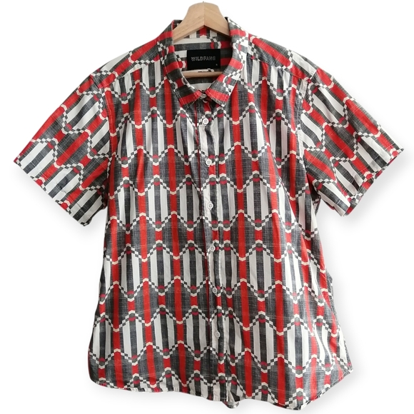 Wildfang Woman's Essential Short Sleeve Button Up Red Gray White Geometric XL - Picture 1 of 16